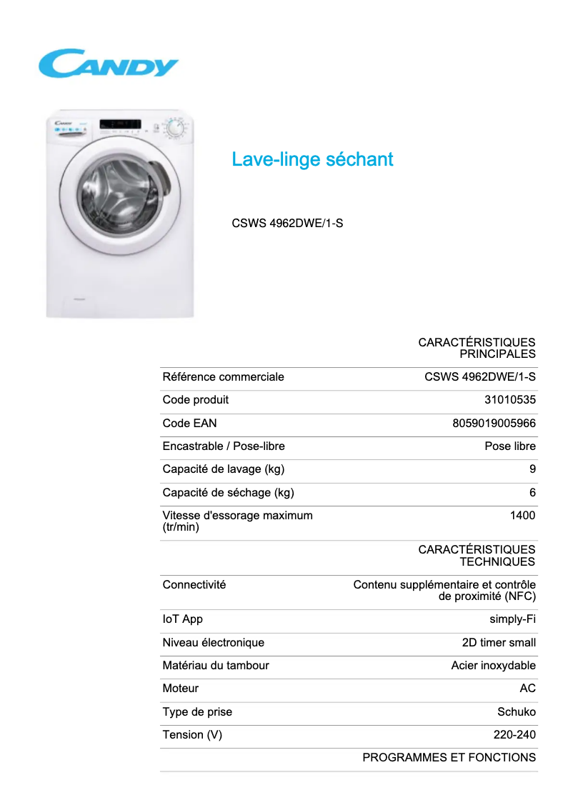 Page 1 de la notice Fiche technique Candy CSWS 4962DWE/1-S
