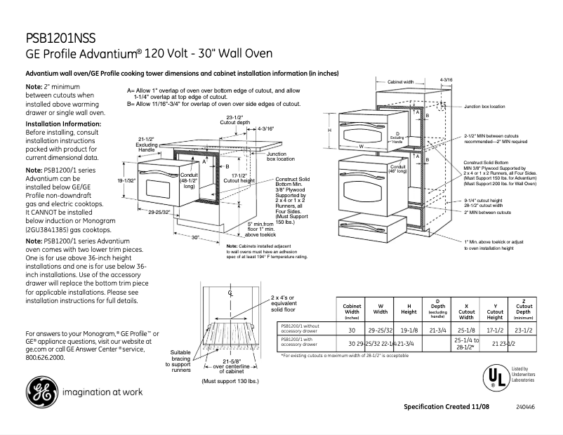 Page n°1 - Fiche technique GE PSB1201NSS
