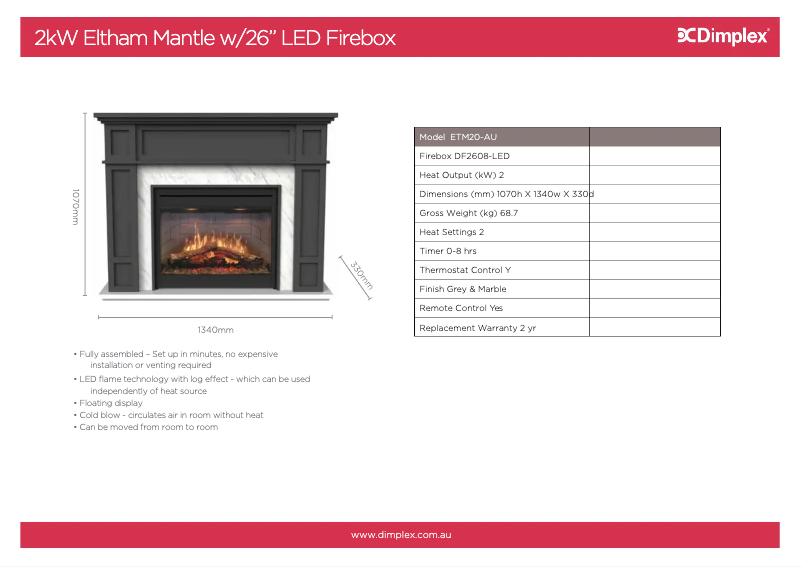 Page 1 de la notice Fiche technique Dimplex ETM20-AU