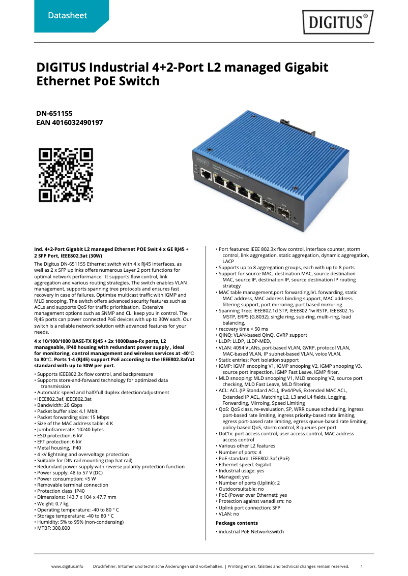 Page 1 de la notice Fiche technique Digitus DN-651155