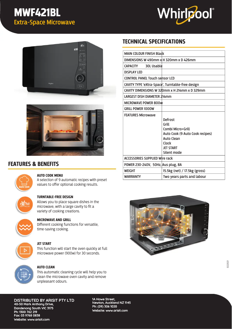 Page 1 de la notice Fiche technique Whirlpool MWF421BL