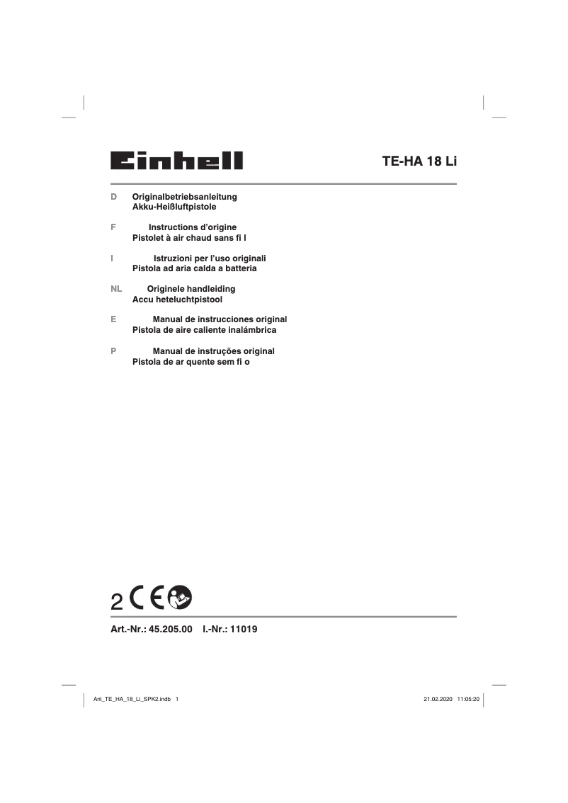 Page 1 de la notice Manuel utilisateur Einhell TE-HA 18 Li