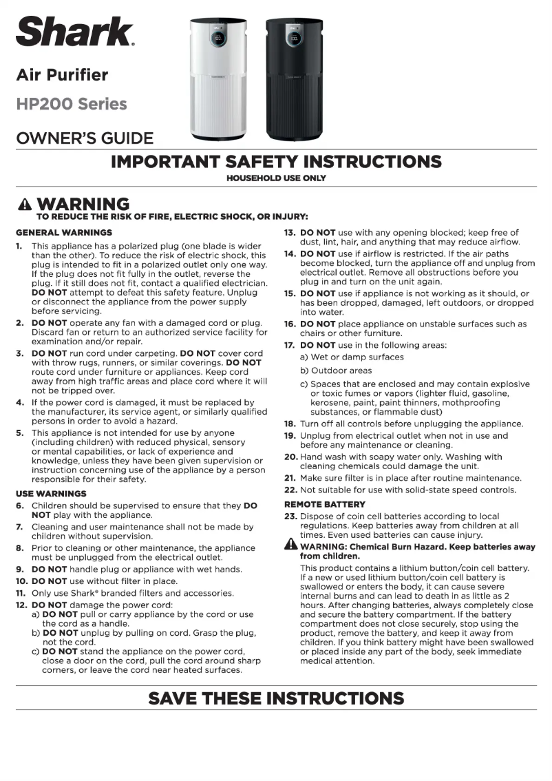 Page 1 de la notice Manuel utilisateur Shark HP202