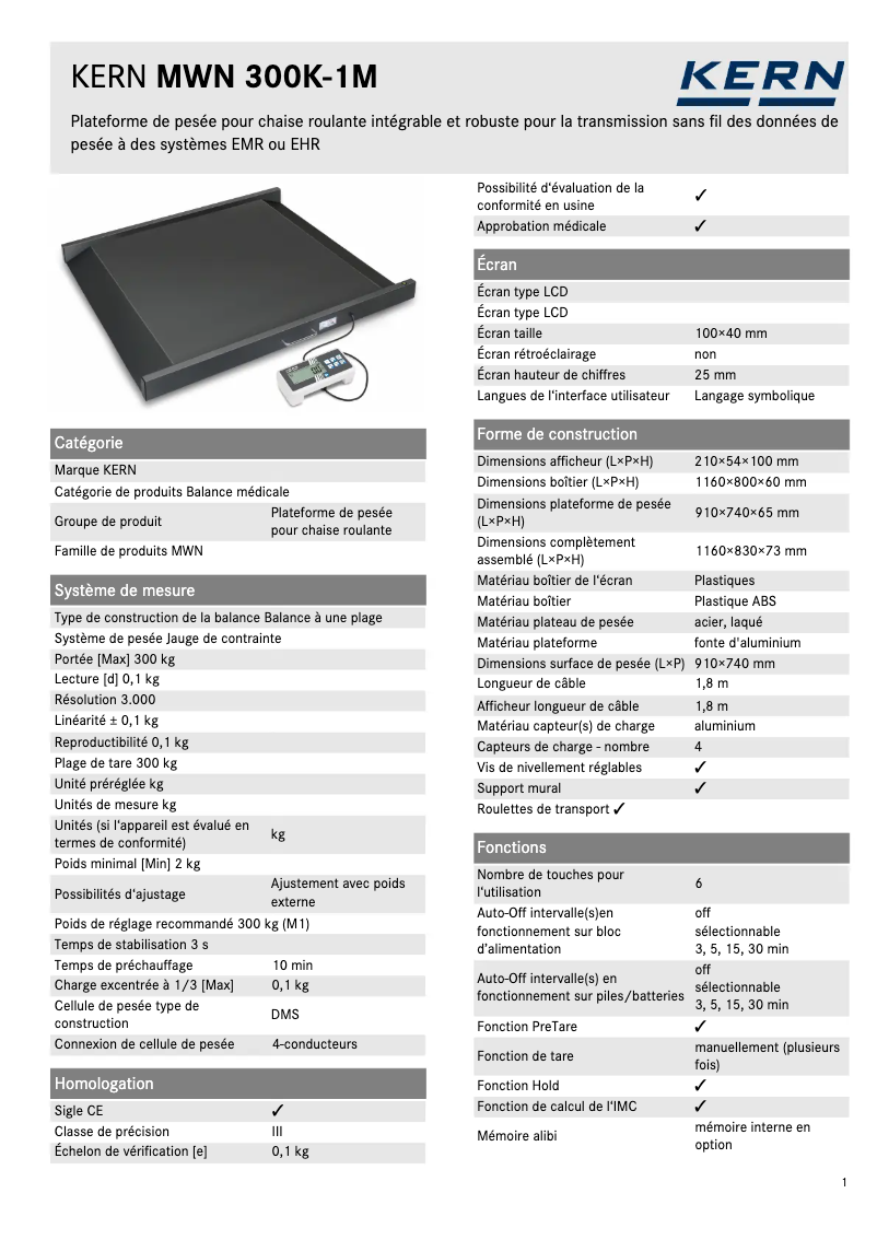 Page 1 de la notice Fiche technique Kern TMWN 300K-1M-A