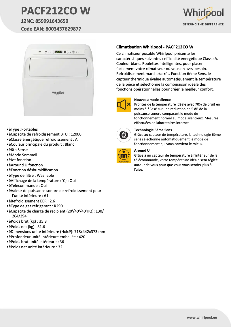 Page 1 de la notice Fiche technique Whirlpool PACF212CO W