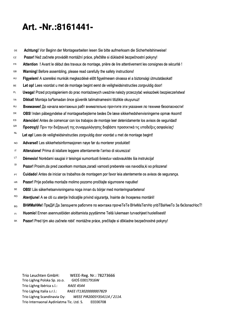 Page n°1 - Manuel utilisateur Trio Lighting Mercury 8161441-07