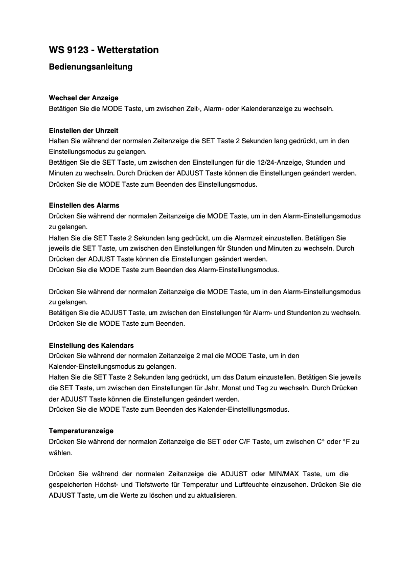 Page 1 de la notice Manuel utilisateur Techno Line WS 9123