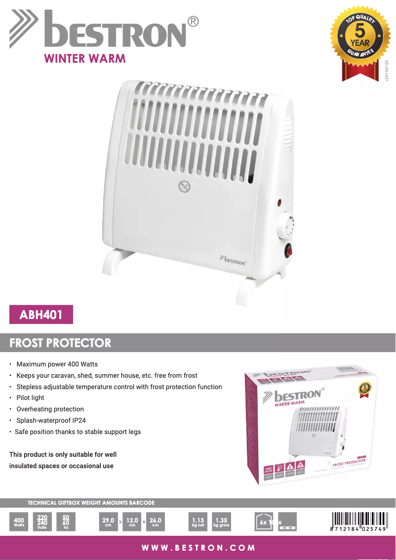 Página 1 del manual Ficha técnica Bestron ABH401