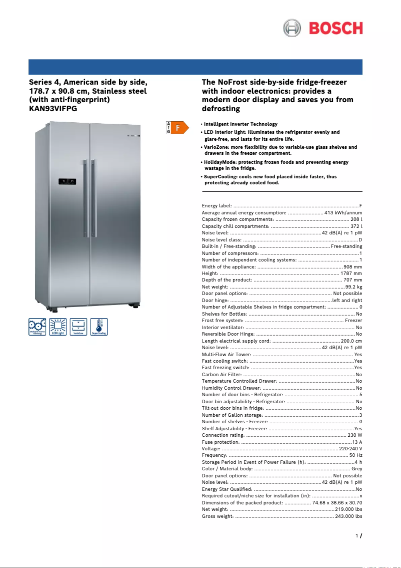 Página 1 del manual Ficha técnica Bosch Serie 4 KAN93VIFPG