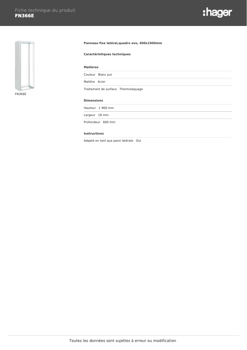 Page 1 de la notice Fiche technique Hager FN366E