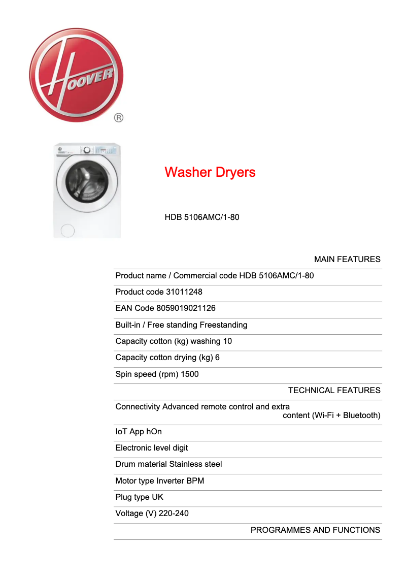 Page n°1 - Fiche technique Hoover HDB 5106AMC/1-80