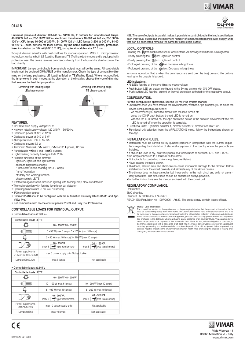 Page 1 de la notice Manuel utilisateur Vimar 01418