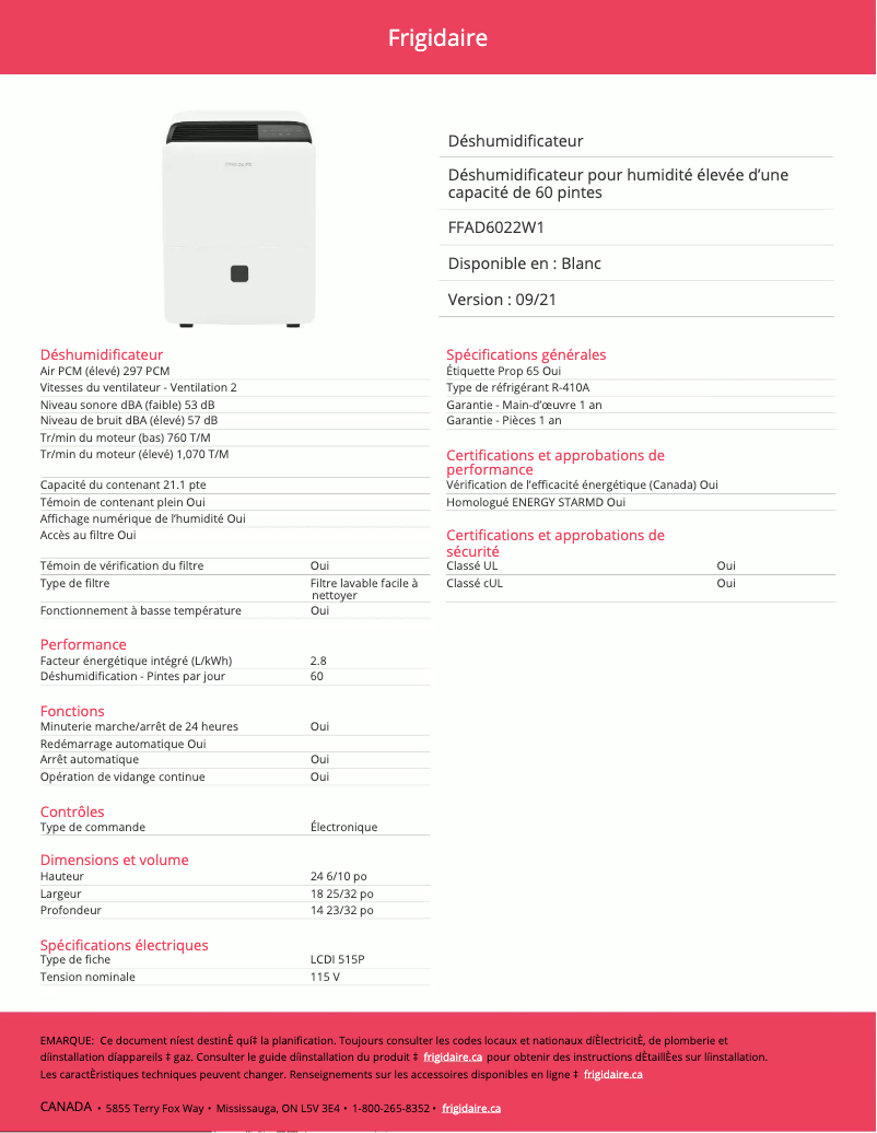 Page 1 de la notice Fiche technique Frigidaire FFAD6022W1