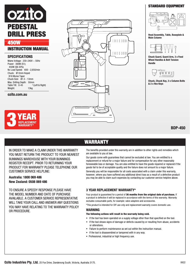 Page 1 de la notice Manuel utilisateur Ozito BDP-450
