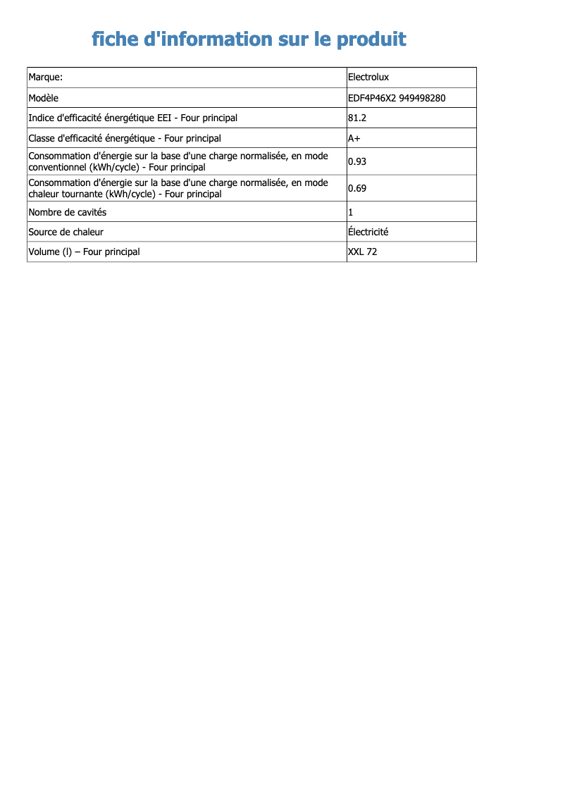 Page 1 de la notice Fiche technique Electrolux EDF4P46X2