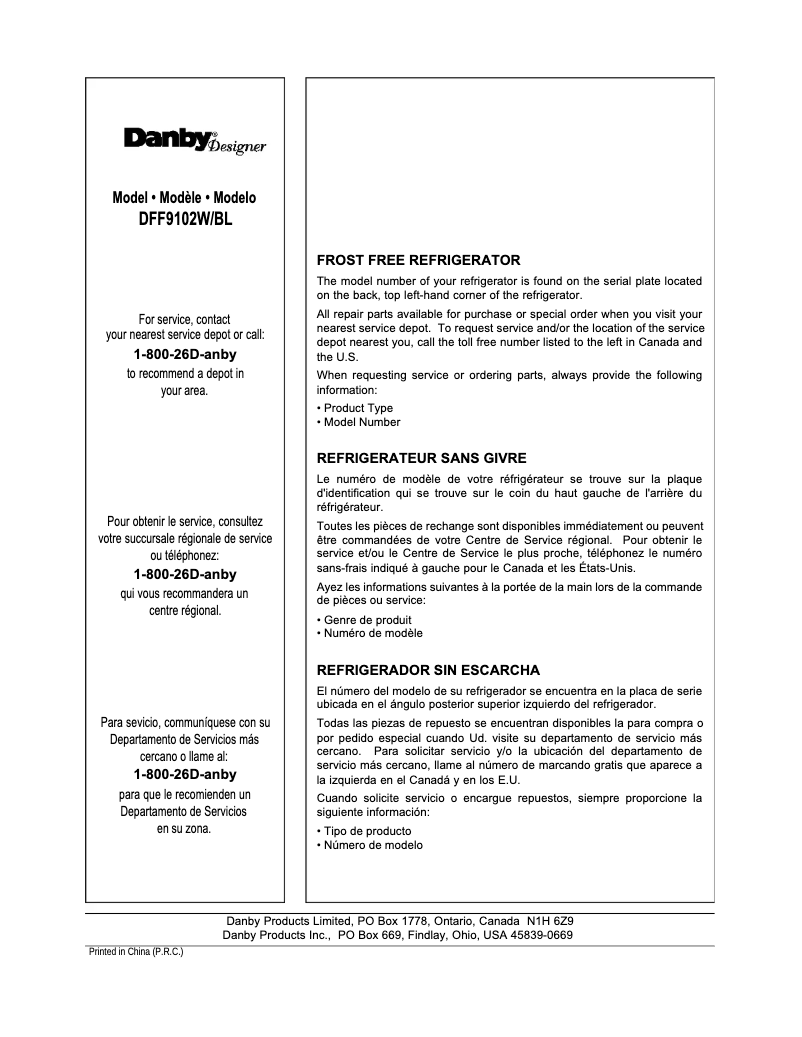 Página 1 del manual Manual de usuario Danby DFF9102W
