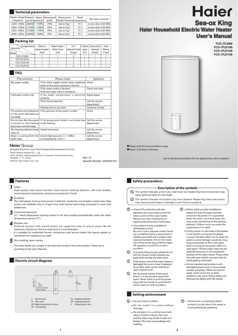 Page 1 de la notice Manuel utilisateur Haier FCD-JTLD100