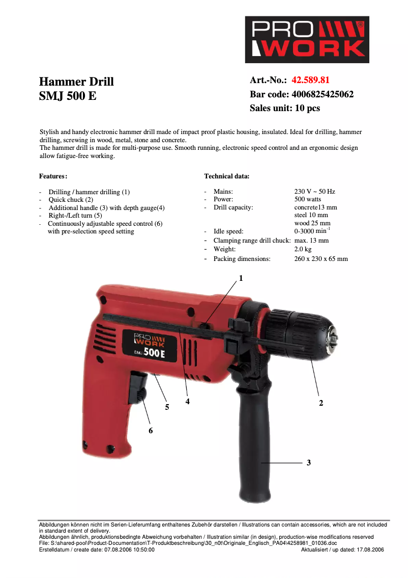 Page n°1 - Fiche technique Prowork SMJ 500 E
