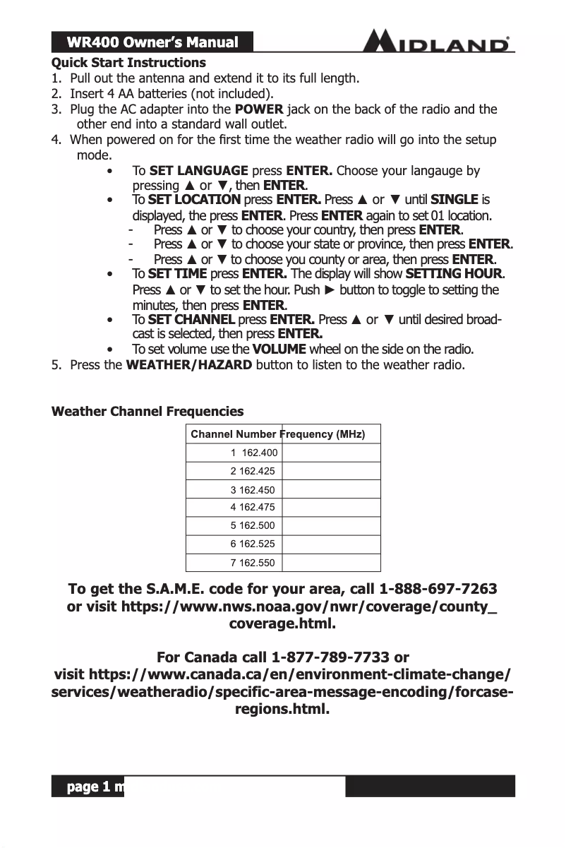 Page 1 de la notice Manuel utilisateur Midland WR400