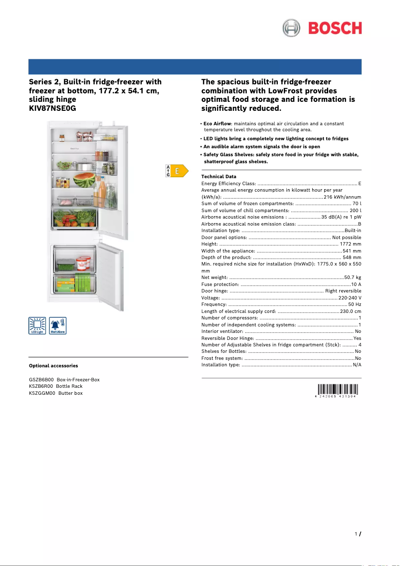 Page n°1 - Fiche technique Bosch KIV87NSE0G