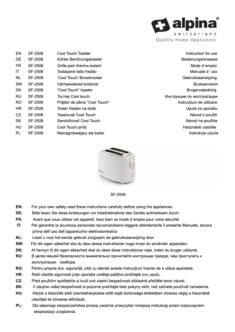 Page 1 de la notice Manuel utilisateur Alpina SF 2506