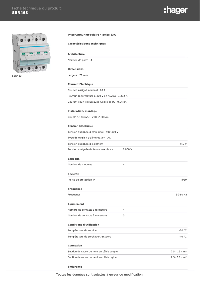 Page 1 de la notice Fiche technique Hager SBN463
