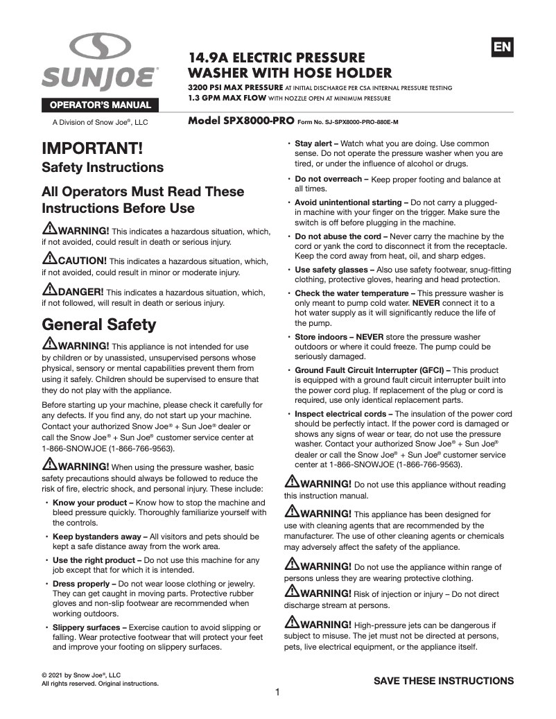 Page n°1 - Manuel utilisateur Sun Joe SPX8000-PRO