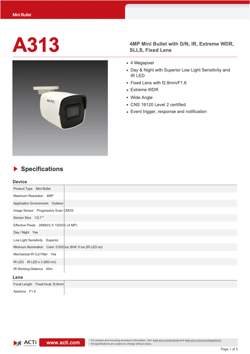 Page 1 de la notice Fiche technique ACTi A313