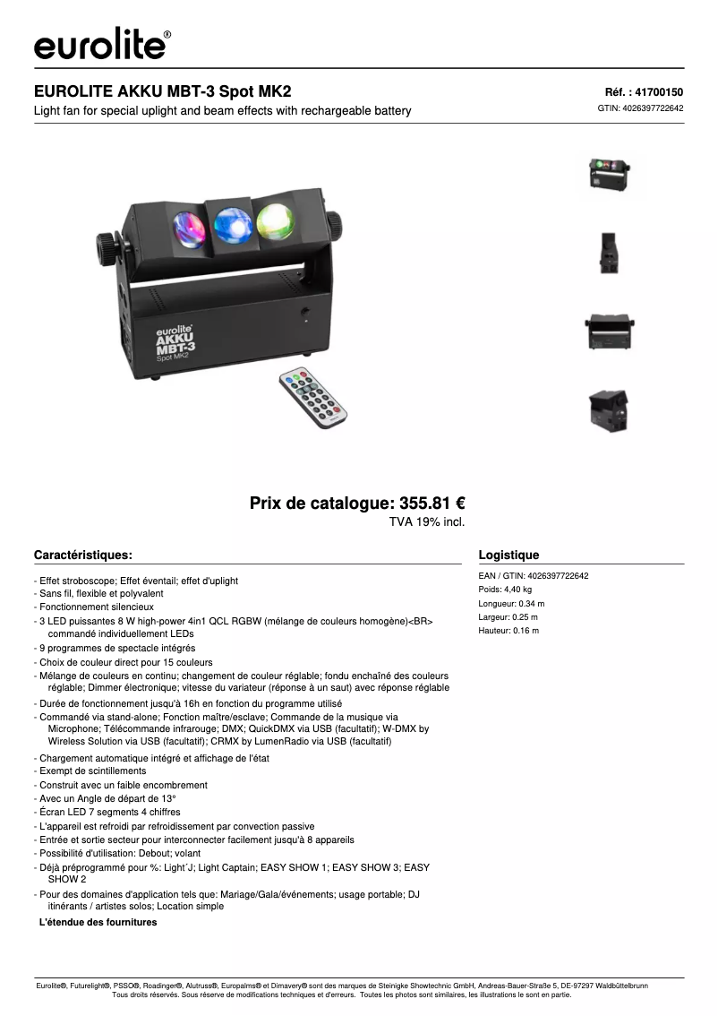 Page 1 de la notice Fiche technique Eurolite AKKU MBT-3
