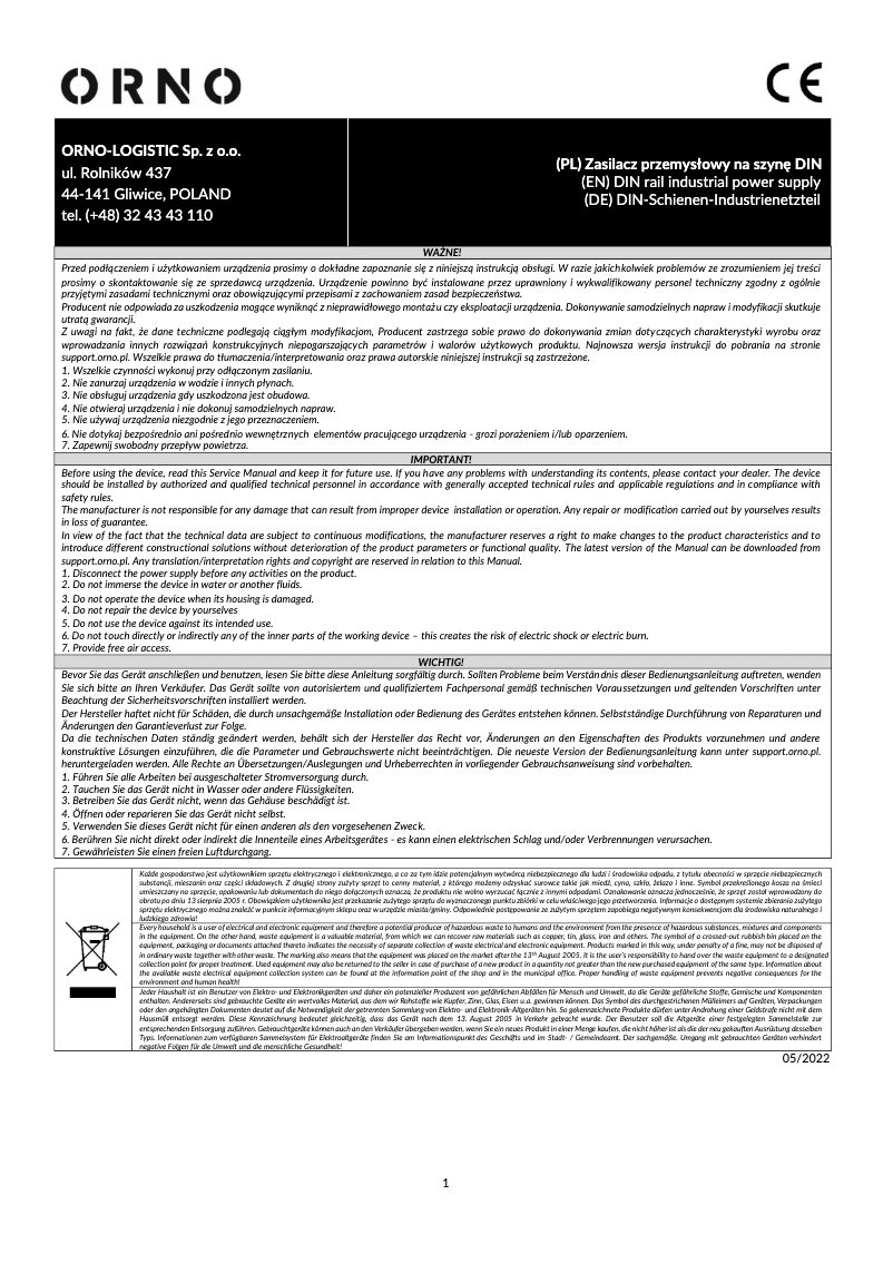 Page n°1 - Manuel utilisateur ORNO OR-PSU-1665