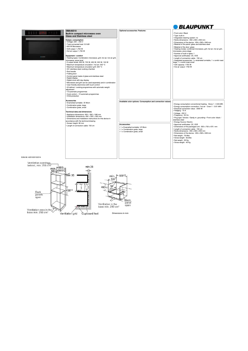 Page 1 de la notice Fiche technique Blaupunkt 5MA46510