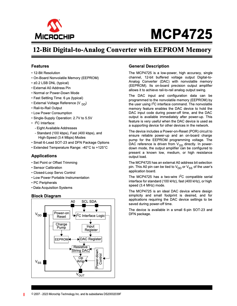 Page 1 de la notice Fiche technique Microchip MCP4725