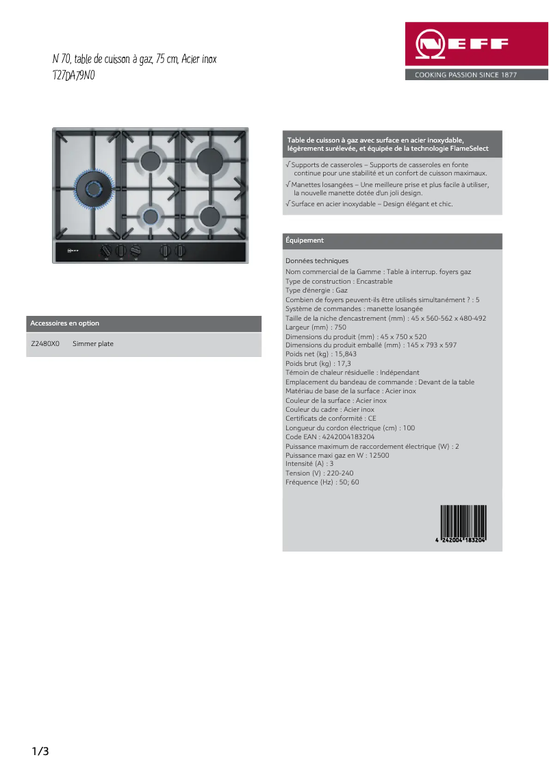 Page n°1 - Fiche technique Neff T27DA79N0