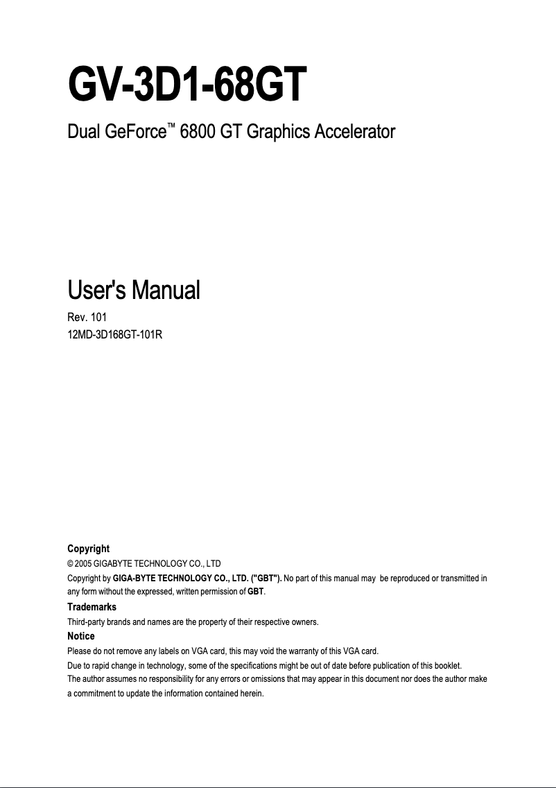 Page 1 de la notice Manuel utilisateur Gigabyte GV-3D1-68GT