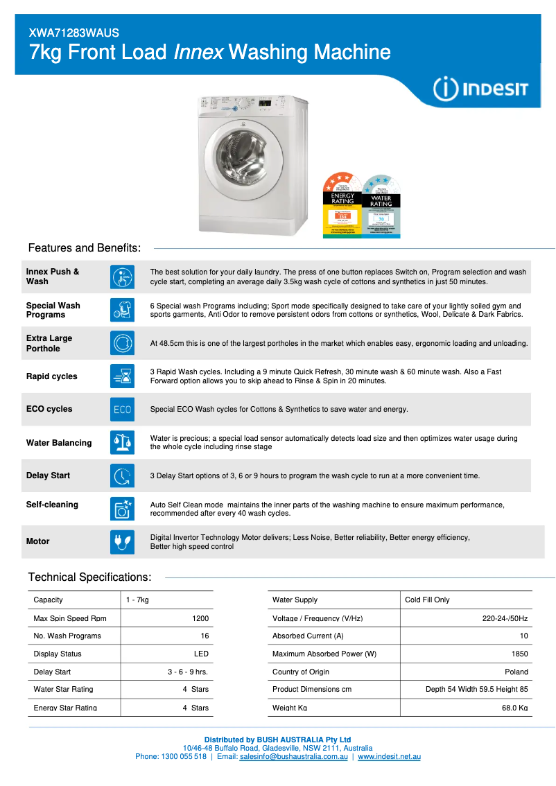 Página 1 del manual Ficha técnica Indesit XWA 71283