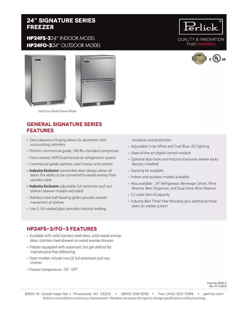 Page 1 de la notice Fiche technique Perlick HP24FS-3