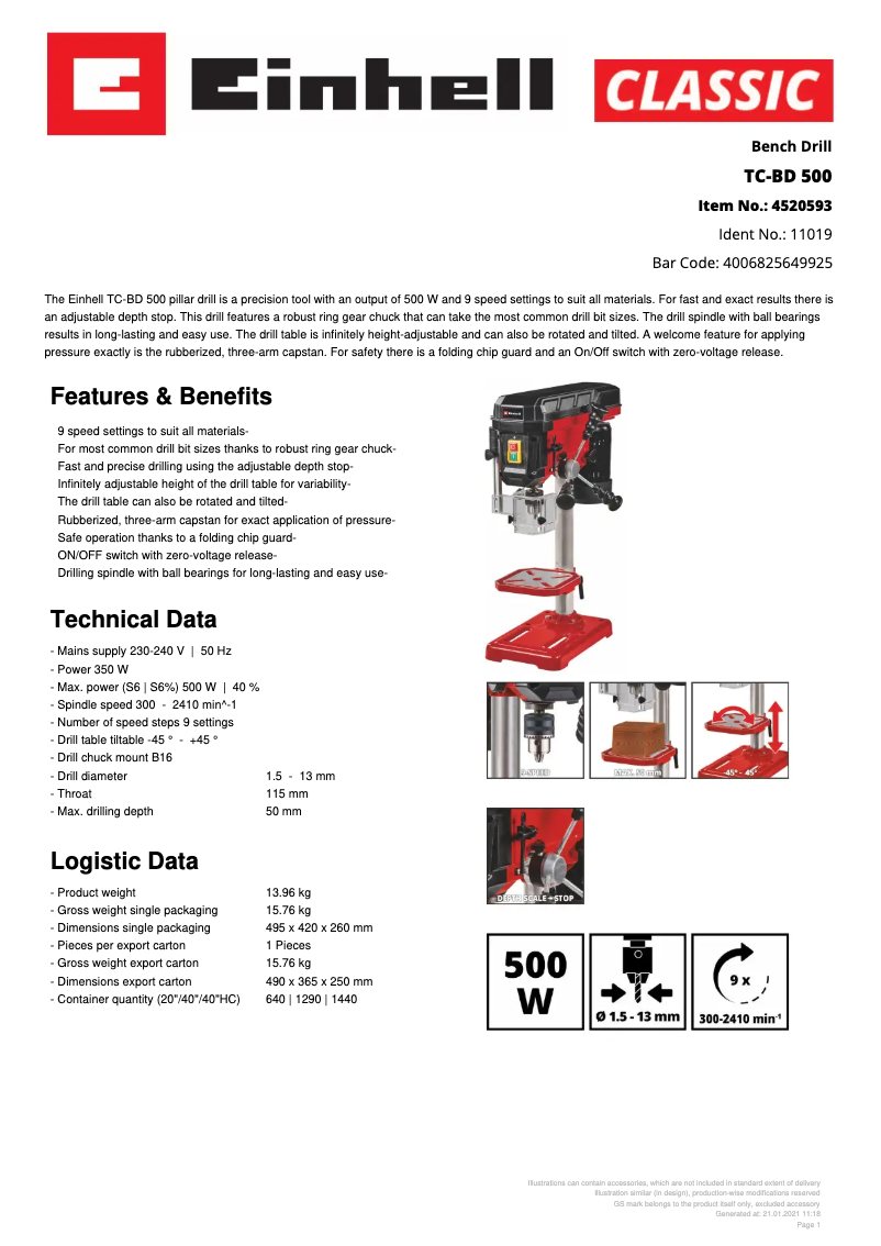 Page 1 de la notice Fiche technique Einhell TC-BD 500