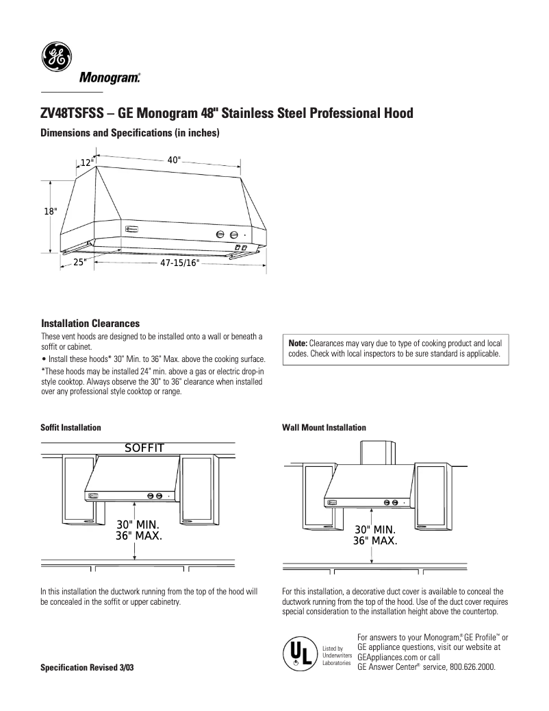 Page n°1 - Instructions / montage Monogram ZV48TSFSS