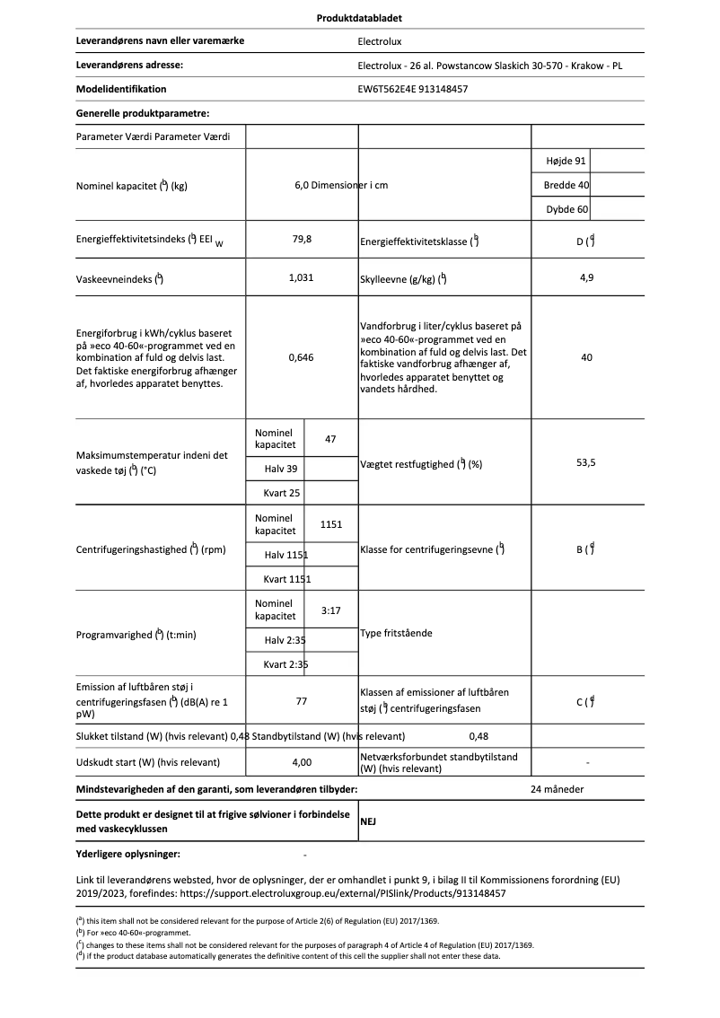 Page 1 de la notice Fiche technique Electrolux EW6T562E4E