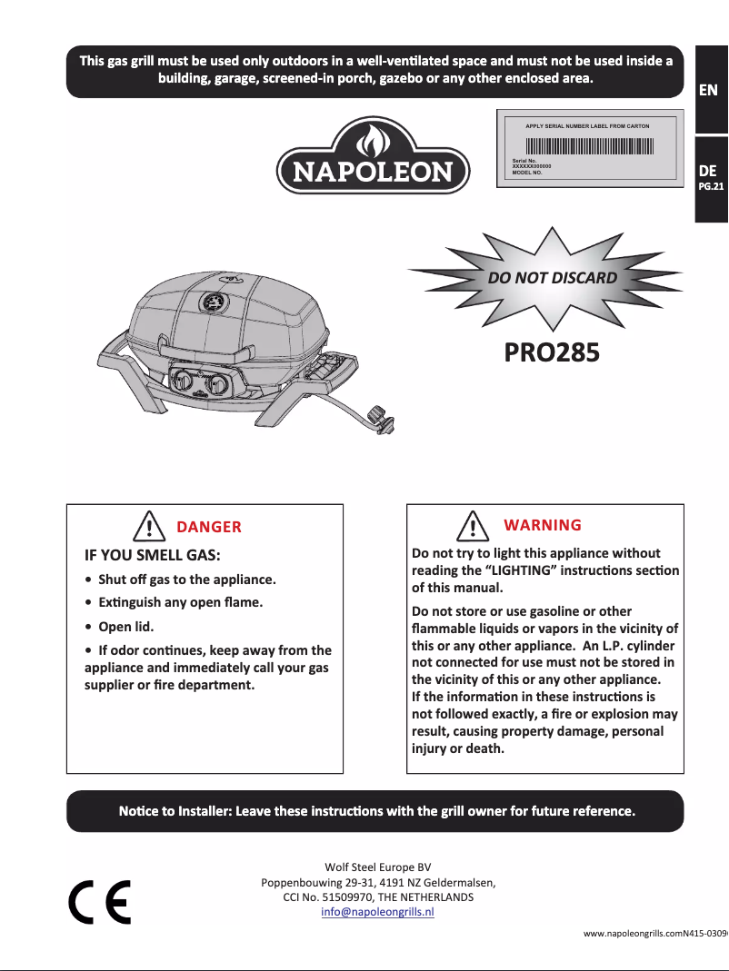Page 1 de la notice Manuel utilisateur Napoleon TRAVELQ PRO285
