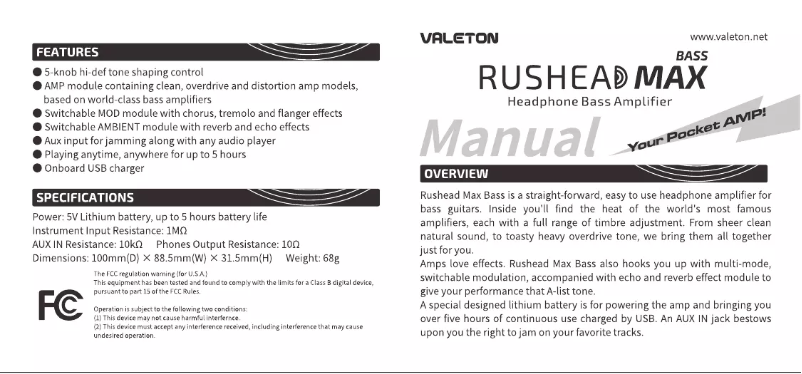 Page n°1 - Manuel utilisateur Valeton Rushead Max Bass