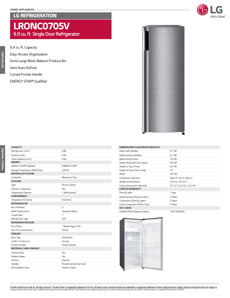 Página 1 del manual Ficha técnica LG LRONC0705V