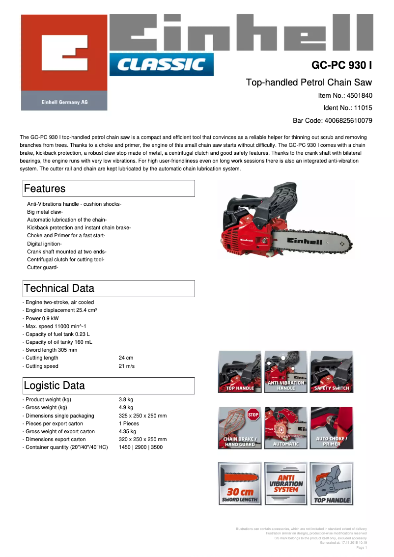 Page 1 de la notice Fiche technique Einhell GC-PC 930 I