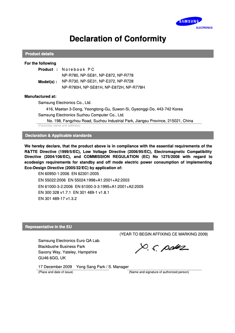 Page 1 de la notice Manuel utilisateur Samsung NP-R730