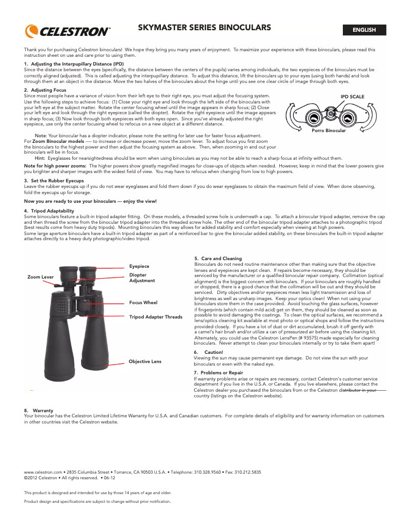 Page 1 de la notice Manuel utilisateur Celestron SkyMaster 12X60