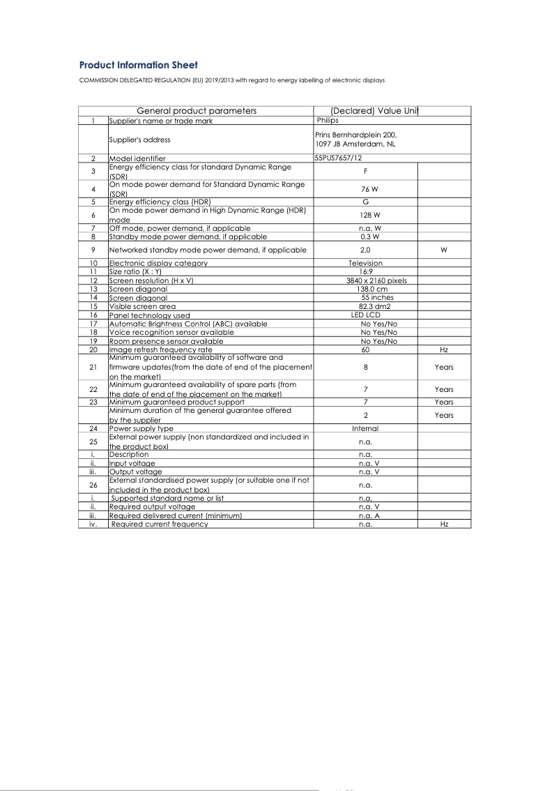 Page 1 de la notice Fiche technique Philips 55PUS7657