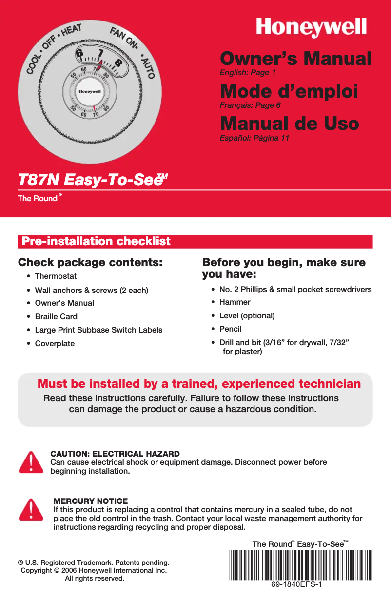 Page 1 de la notice Manuel utilisateur Honeywell Easy-To-See T87F