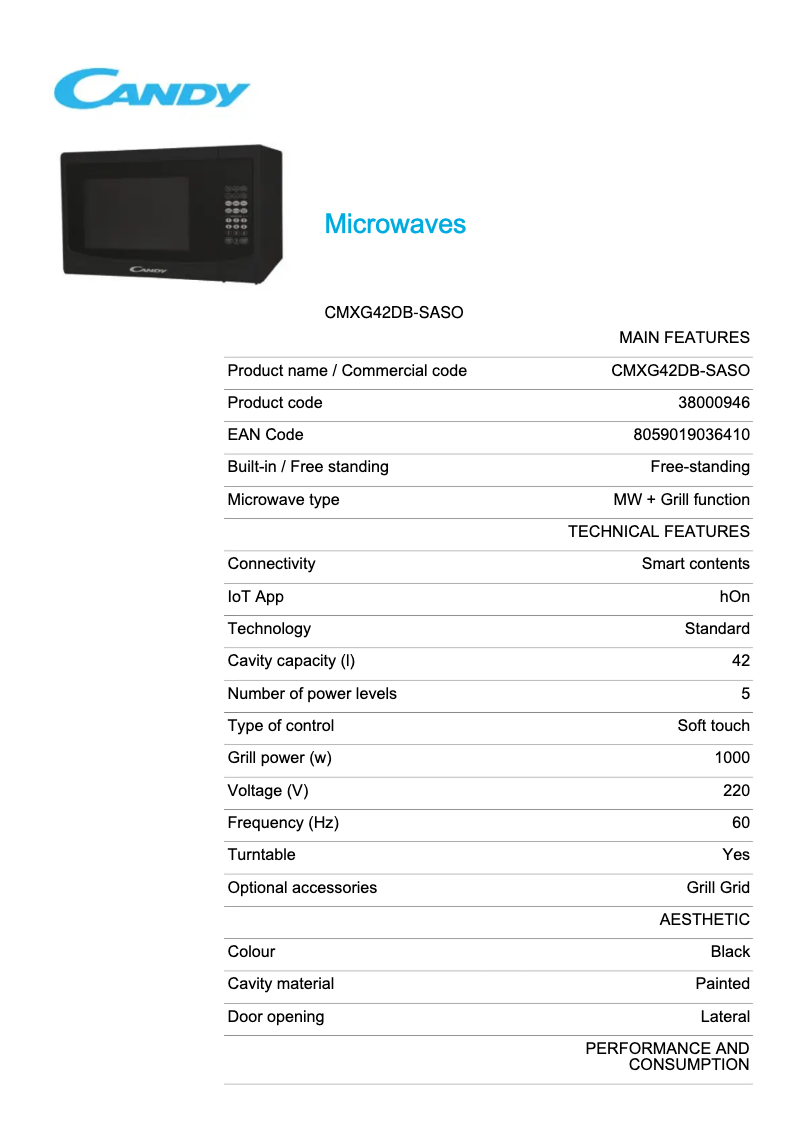 Page 1 de la notice Fiche technique Candy CMXG42DB-SASO