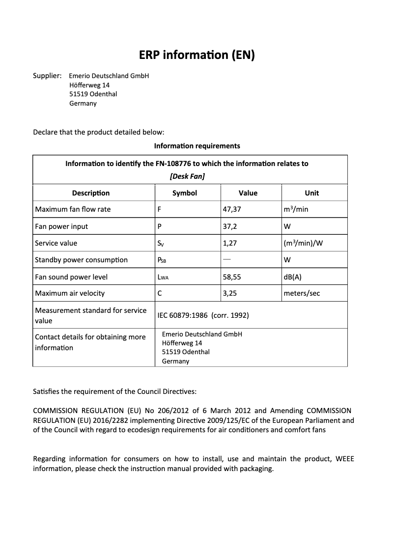 Page 1 de la notice Fiche technique Emerio FN-108776