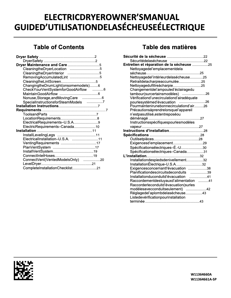 Page n°1 - Instructions / montage Whirlpool YWED9620HW